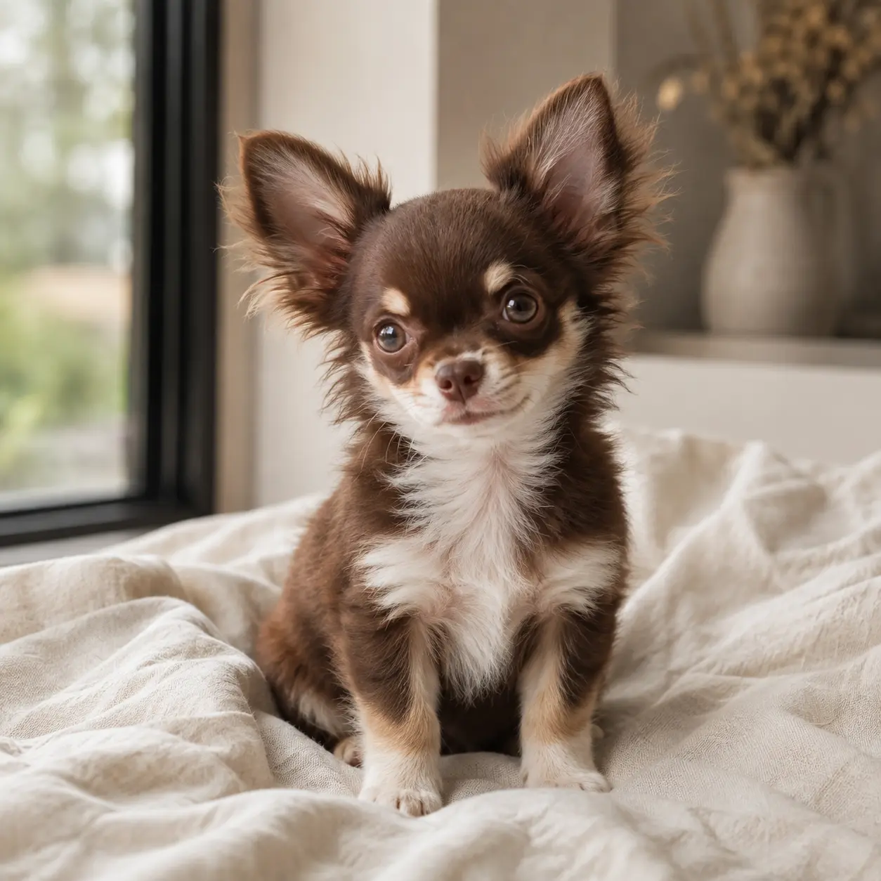 Chocolate and white long-coat Chihuahua puppy