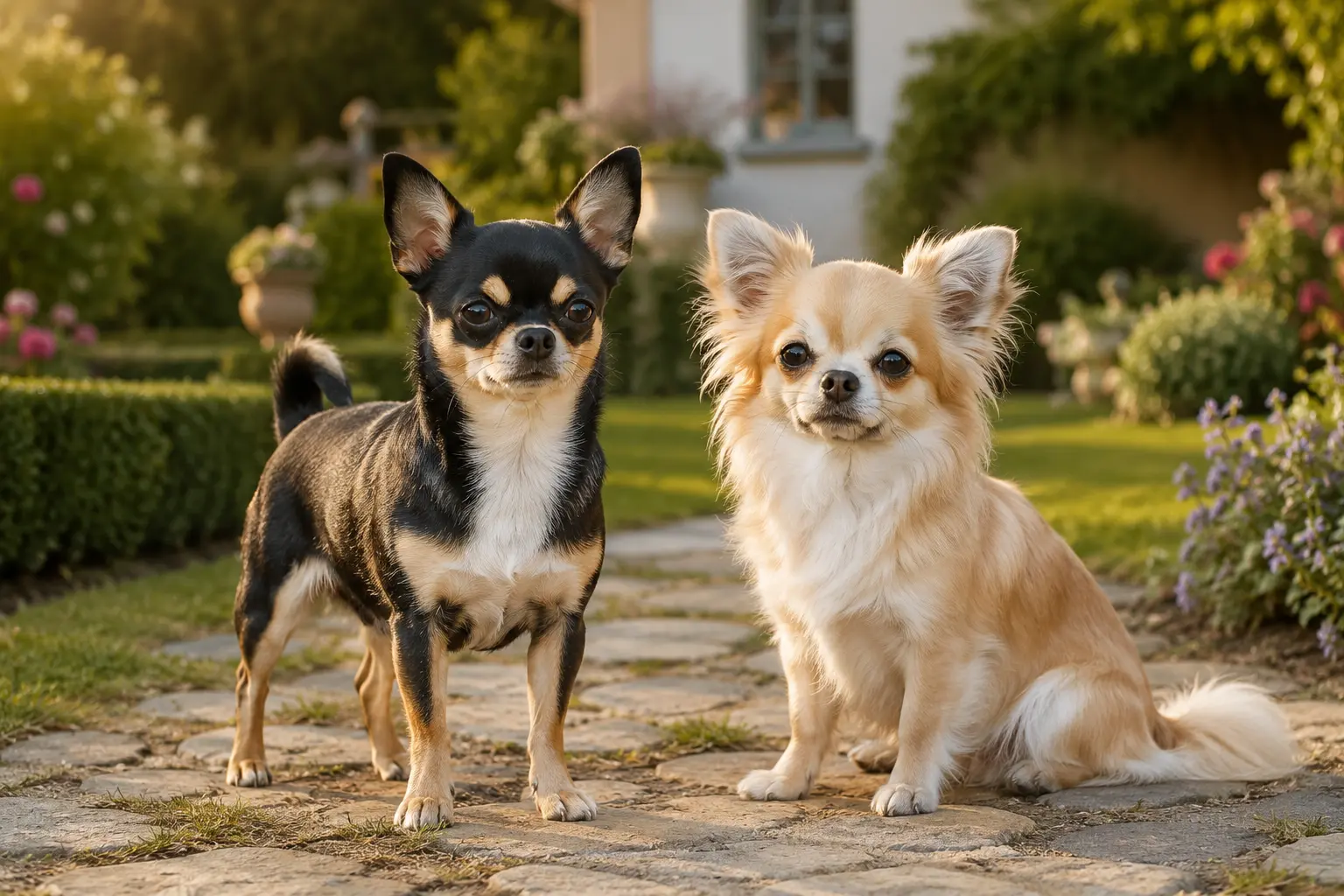Two adult Chihuahuas in a garden