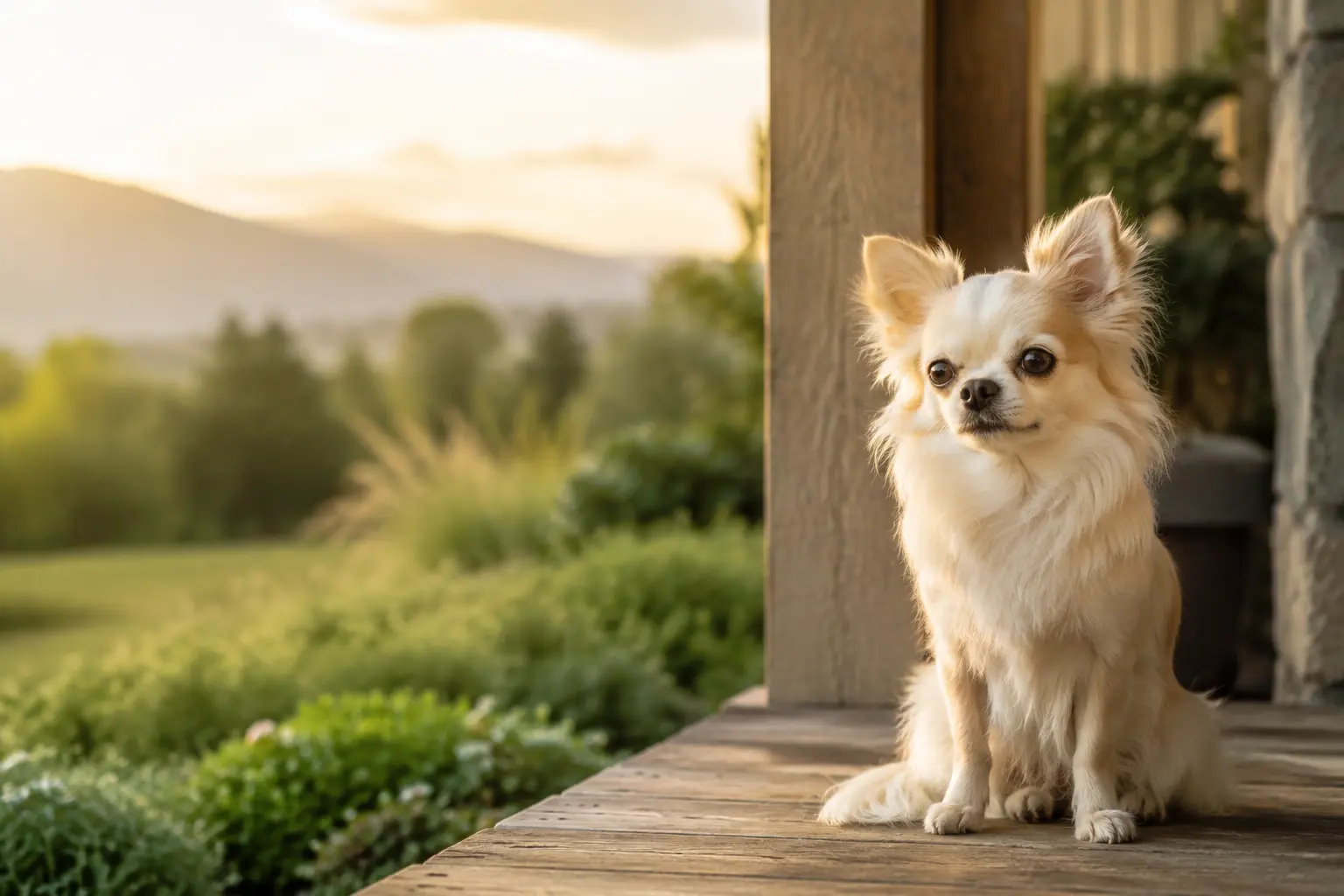 Long-coat Chihuahua sitting on a warm farmhouse porch